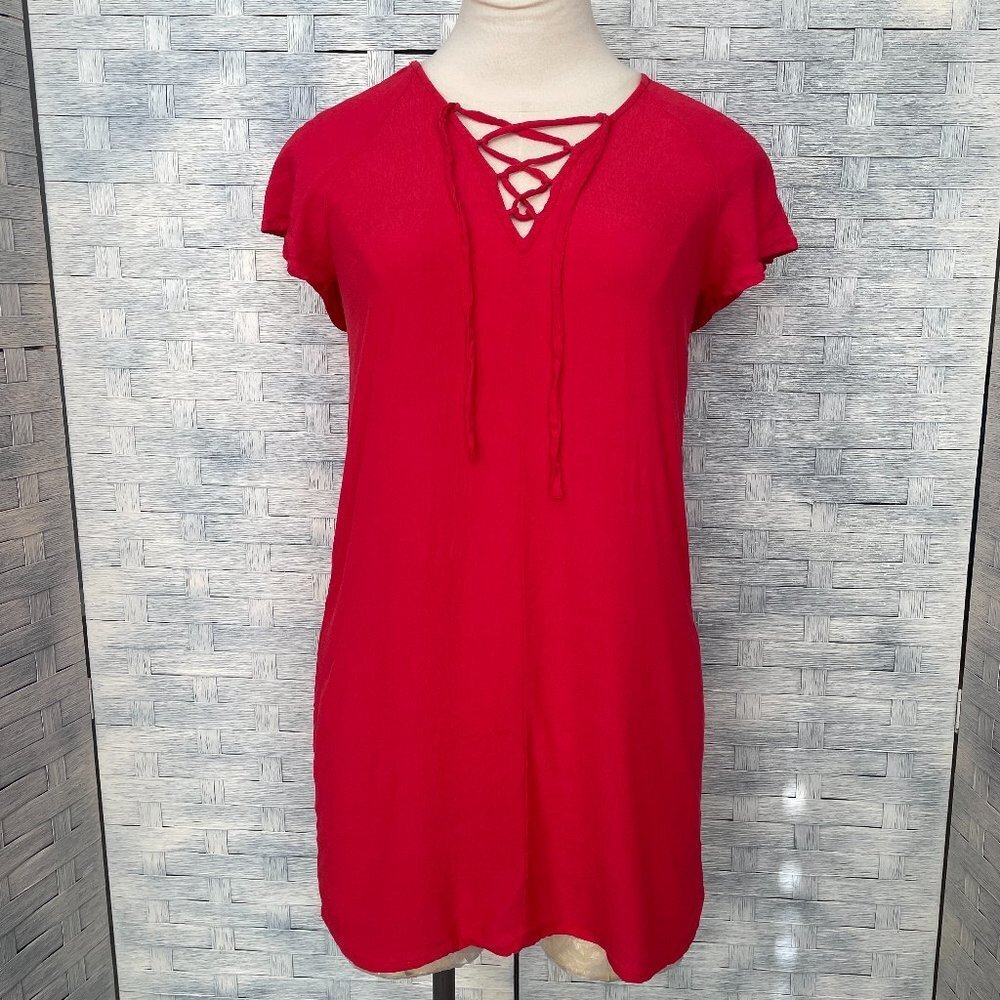 Madewell XS Red V Neck Lace Up Short Sleeve Shift Dress